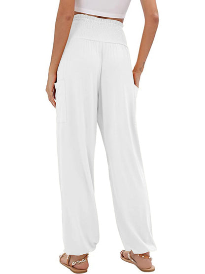 Pants- Women's Wide Smocked Waistband Pants - Solid Wide-Leg Trousers- - Pekosa Women Clothing