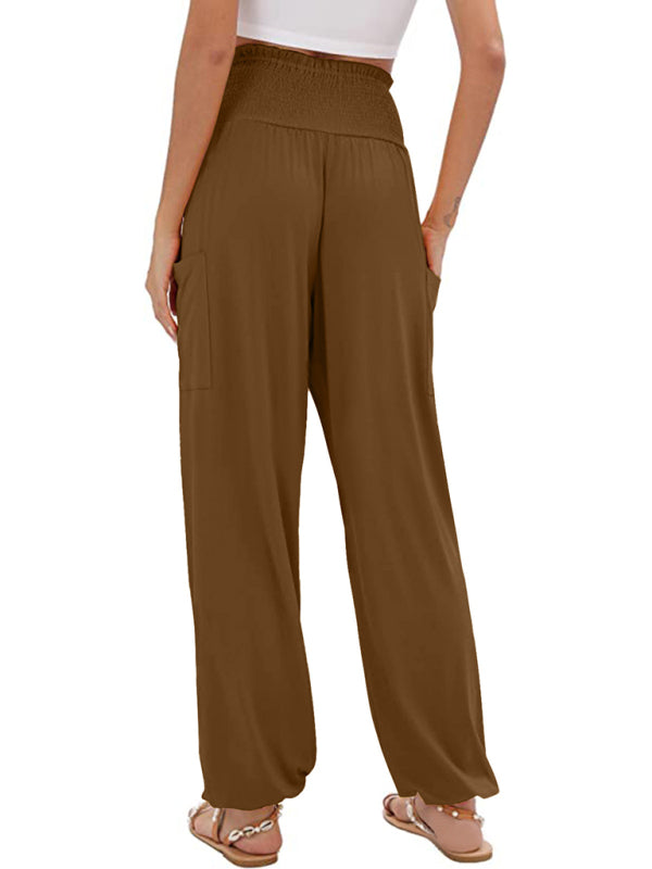 Pants- Women's Wide Smocked Waistband Pants - Solid Wide-Leg Trousers- - Pekosa Women Clothing