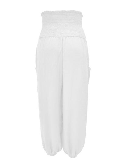 Pants- Women's Wide Smocked Waistband Pants - Solid Wide-Leg Trousers- - Pekosa Women Clothing