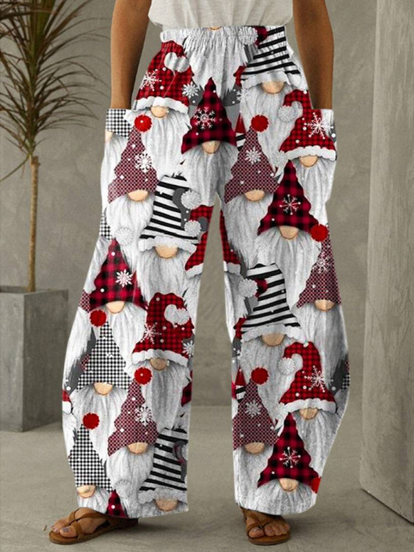 Pants- Xmas 3D Print Elastic Waist Wide-Leg Pants with Pockets- Pattern- Pekosa Women Clothing