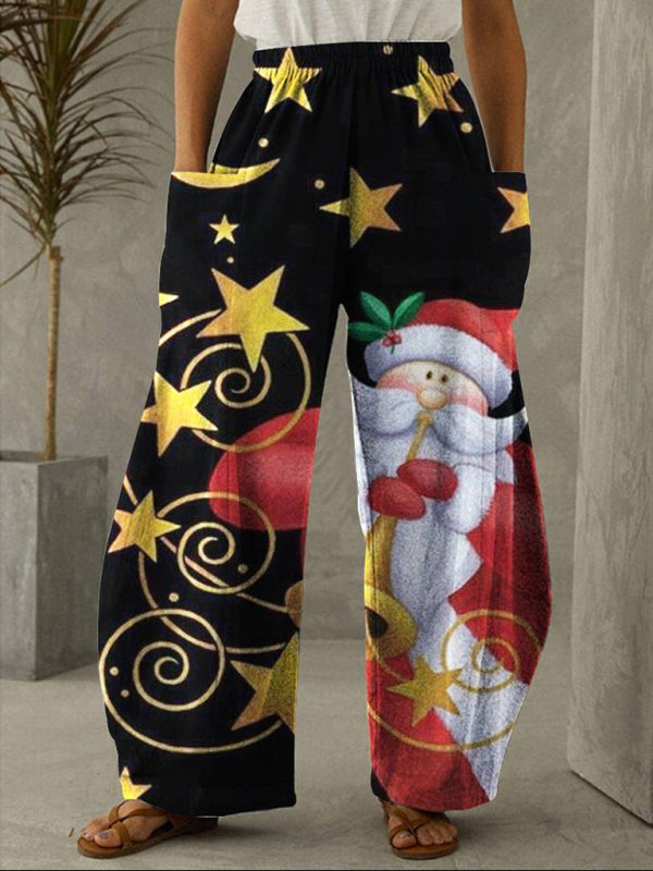 Pants- Xmas 3D Print Elastic Waist Wide-Leg Pants with Pockets- Pattern2- Pekosa Women Clothing