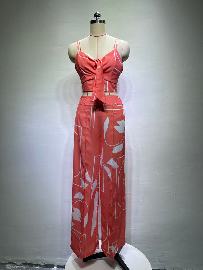 Pants and Top- Vacation Print Suit Wide-Leg Pants & Cami Knot Crop Top- - Pekosa Women Clothing