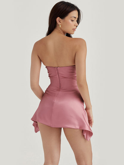Party Dresses- Elegant Satin Silky Strapless Pleated Corset Mini Dress- - Pekosa Women Clothing