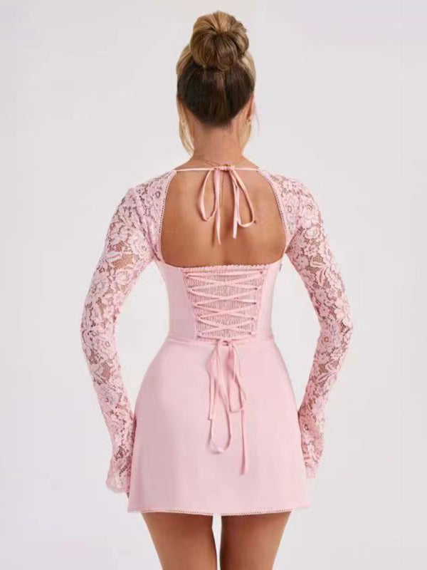 Party Dresses- Long Sleeve A-Line Sweetheart Mini Dress with Lace Accents- - Pekosa Women Clothing