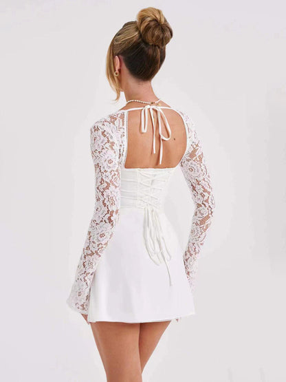Party Dresses- Long Sleeve A-Line Sweetheart Mini Dress with Lace Accents- - Pekosa Women Clothing