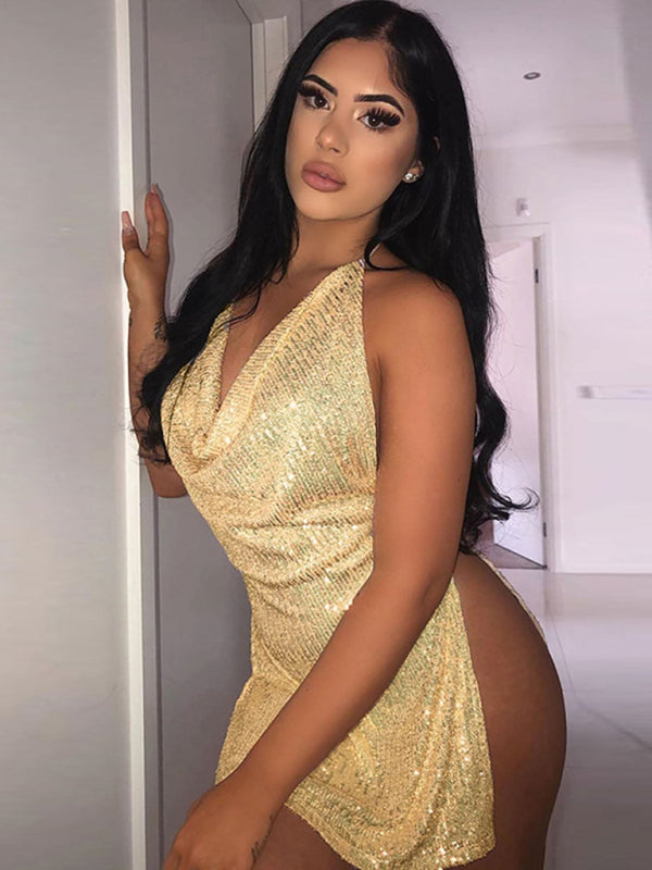 Party Dresses- Sequined Backless Cowl Halter Glitter Slit Mini Dress- Golden- Pekosa Women Clothing