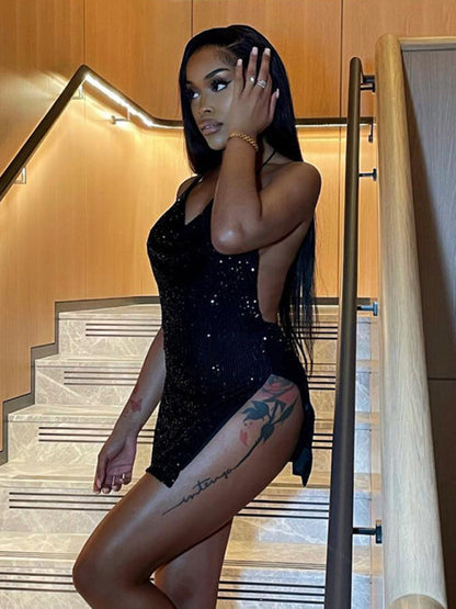 Party Dresses- Sequined Backless Cowl Halter Glitter Slit Mini Dress- - Pekosa Women Clothing