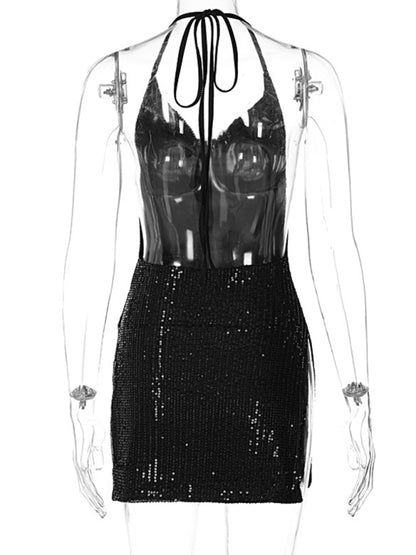 Party Dresses- Sequined Backless Cowl Halter Glitter Slit Mini Dress- - Pekosa Women Clothing