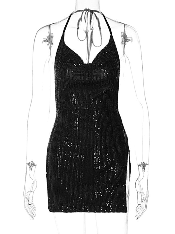 Party Dresses- Sequined Backless Cowl Halter Glitter Slit Mini Dress- - Pekosa Women Clothing