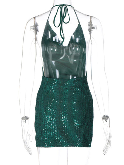 Party Dresses- Sequined Backless Cowl Halter Glitter Slit Mini Dress- - Pekosa Women Clothing