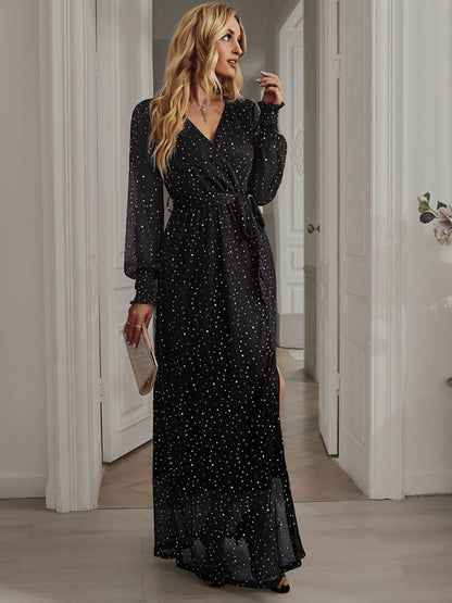 Party Dresses- Sparkle A-Line Surplice V-Neck Maxi Dress for Wedding Celebrations- - Pekosa Women Clothing
