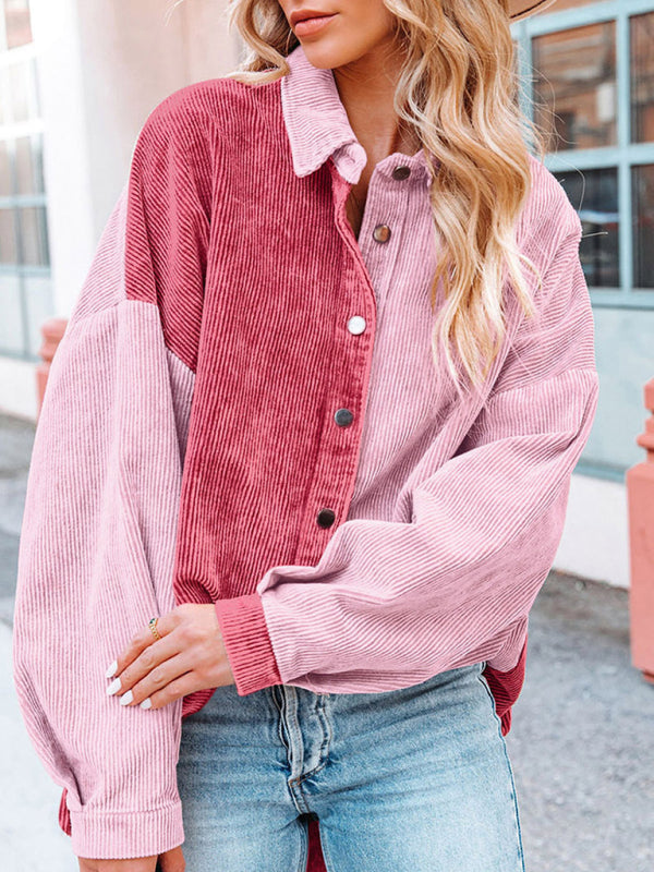 Patchwork Jackets- Patch Corduroy Oversized Shirt Jacket- - Pekosa Women Clothing