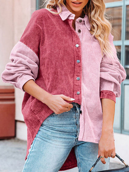 Patchwork Jackets- Patch Corduroy Oversized Shirt Jacket- - Pekosa Women Clothing