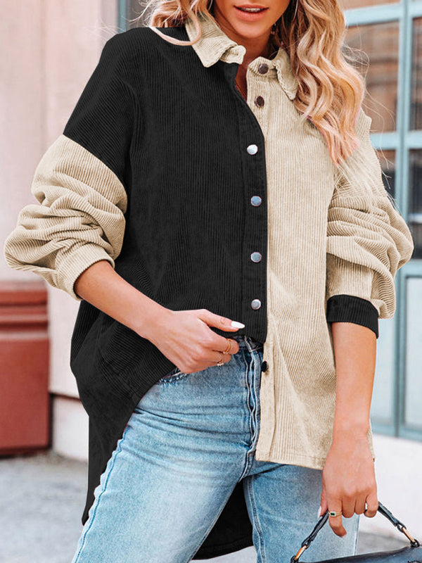Patchwork Jackets- Patch Corduroy Oversized Shirt Jacket- - Pekosa Women Clothing