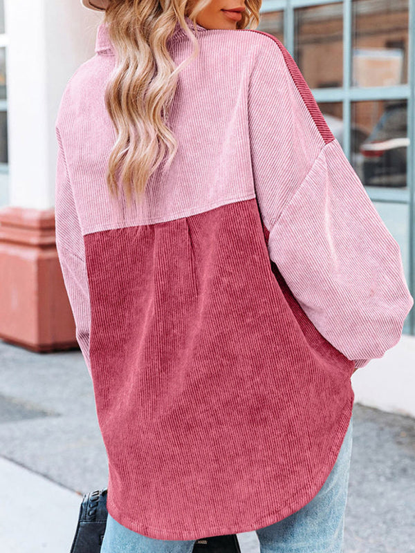 Patchwork Jackets- Patch Corduroy Oversized Shirt Jacket- - Pekosa Women Clothing