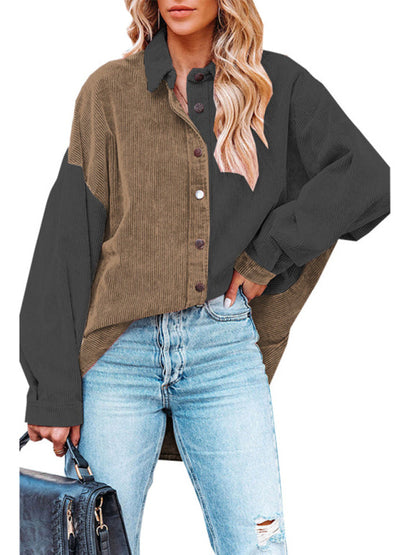 Patchwork Jackets- Patch Corduroy Oversized Shirt Jacket- Brown- Pekosa Women Clothing