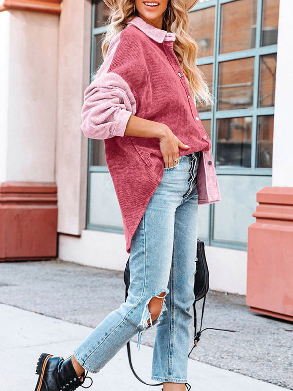 Patchwork Jackets- Patch Corduroy Oversized Shirt Jacket- - Pekosa Women Clothing