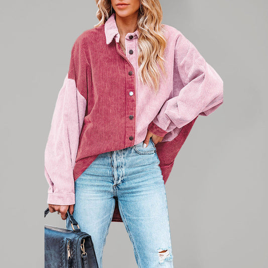 Patchwork Jackets- Patch Corduroy Oversized Shirt Jacket- Pink- Pekosa Women Clothing