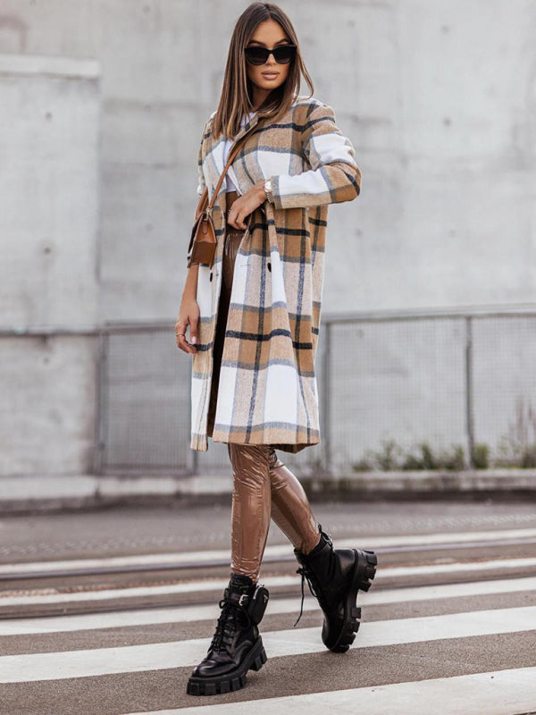 Pea Coats- Wool-Blend Notch Lapel Wool-Blend Pea Coat- Khaki- Pekosa Women Clothing