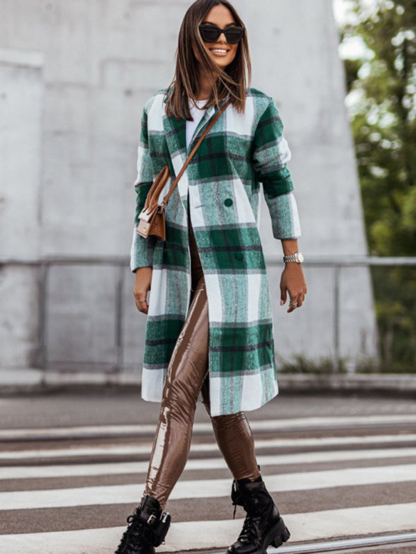 Pea Coats- Wool-Blend Notch Lapel Wool-Blend Pea Coat- Green- Pekosa Women Clothing