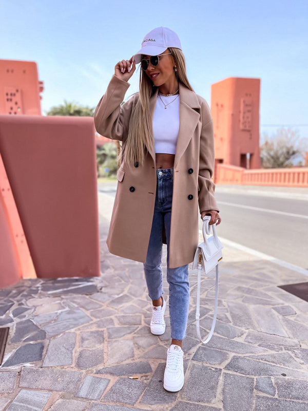 Peacoats- Solid Wool Blend Notch Peacoat for Every Outing- - Pekosa Women Clothing