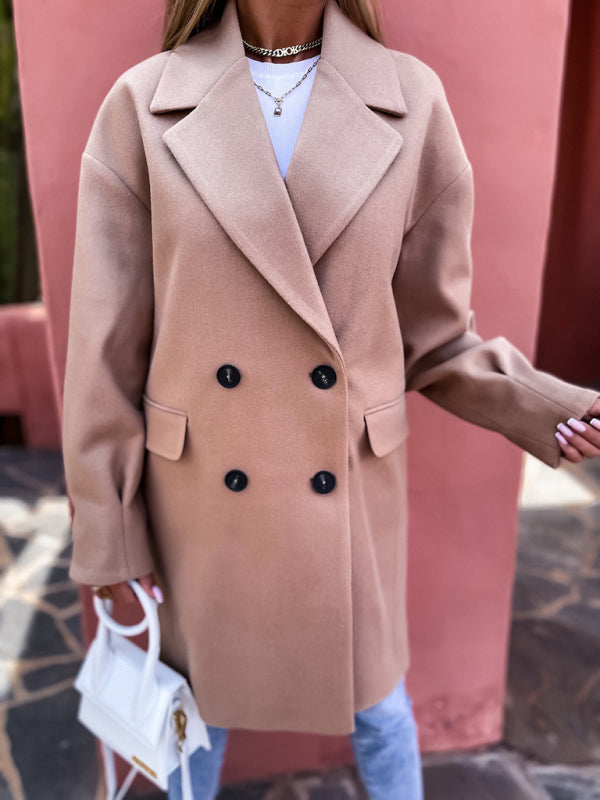 Peacoats- Solid Wool Blend Notch Peacoat for Every Outing- - Pekosa Women Clothing