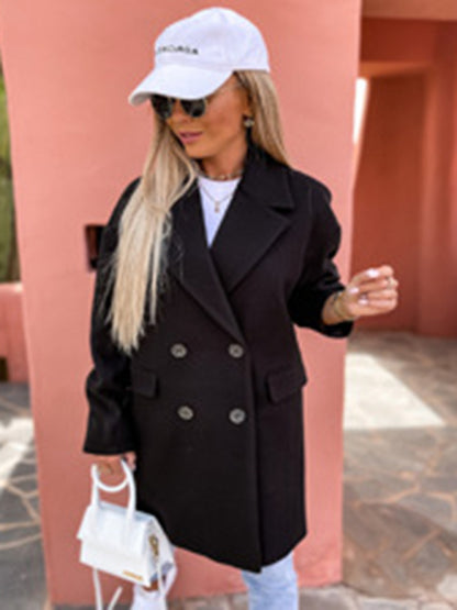 Peacoats- Solid Wool Blend Notch Peacoat for Every Outing- Black- Pekosa Women Clothing