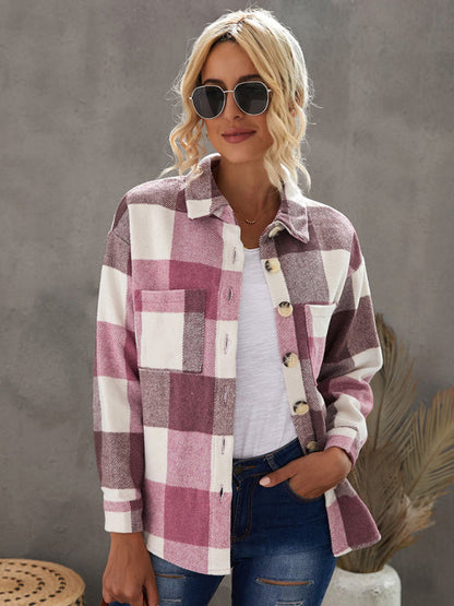 Plaid Jackets- Fall- Winter Plaid Jacket - Shirt Shacket- Pink- Pekosa Women Clothing