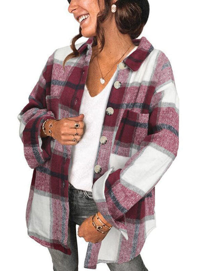 Plaid Jackets- Fall- Winter Plaid Jacket - Shirt Shacket- Wine Red- Pekosa Women Clothing