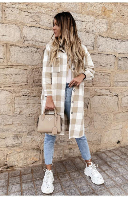 Plaid Jackets- Plaid Long Shirt Jacket- - Pekosa Women Clothing