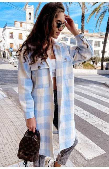 Plaid Jackets- Plaid Long Shirt Jacket- - Pekosa Women Clothing