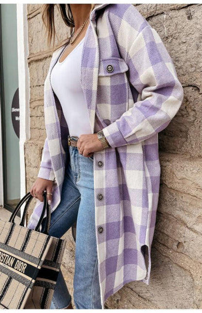 Plaid Jackets- Plaid Long Shirt Jacket- - Pekosa Women Clothing