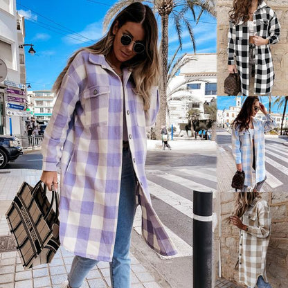 Plaid Jackets- Plaid Long Shirt Jacket- Purple- Pekosa Women Clothing