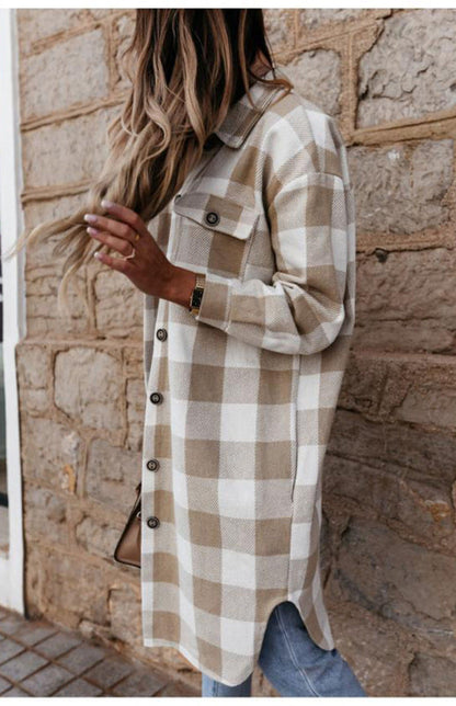 Plaid Jackets- Plaid Long Shirt Jacket- - Pekosa Women Clothing