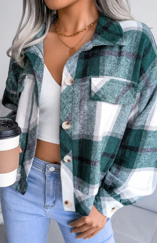 Plaid Jackets- Plaid Tweed Crop Jacket- - Pekosa Women Clothing
