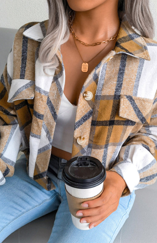 Plaid Jackets- Plaid Tweed Crop Jacket- - Pekosa Women Clothing