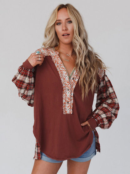 Plaid Shirts- Oversized Drop Shoulder Floral and Plaid Cotton Blend Shirt- - Pekosa Women Clothing