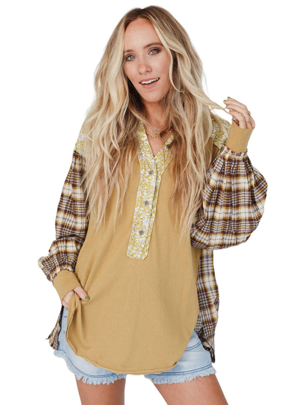 Plaid Shirts- Oversized Drop Shoulder Floral and Plaid Cotton Blend Shirt- - Pekosa Women Clothing