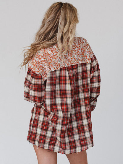 Plaid Shirts- Oversized Drop Shoulder Floral and Plaid Cotton Blend Shirt- - Pekosa Women Clothing