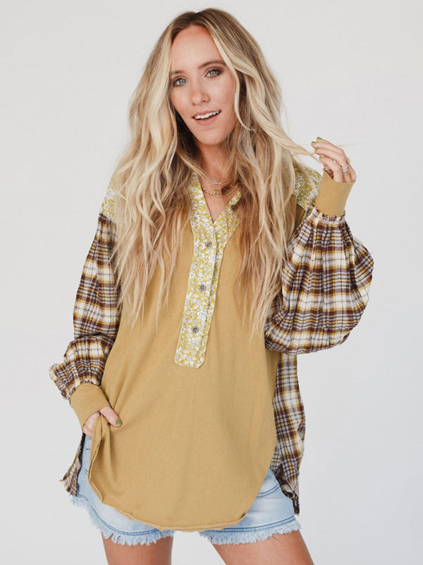 Plaid Shirts- Oversized Drop Shoulder Floral and Plaid Cotton Blend Shirt- Yellow- Pekosa Women Clothing