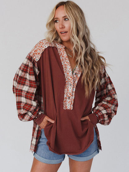 Plaid Shirts- Oversized Drop Shoulder Floral and Plaid Cotton Blend Shirt- Red- Pekosa Women Clothing