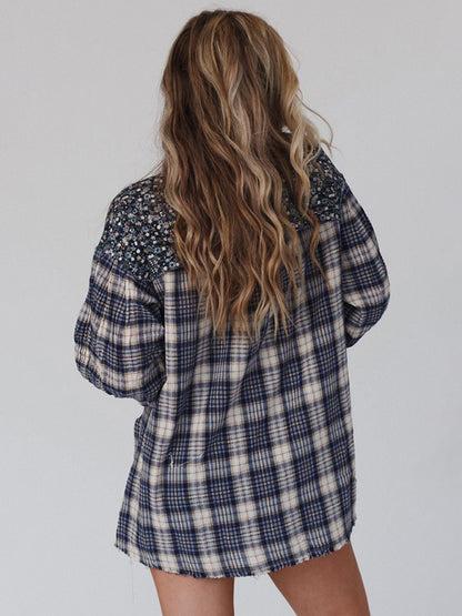 Plaid Shirts- Oversized Drop Shoulder Floral and Plaid Cotton Blend Shirt- - Pekosa Women Clothing