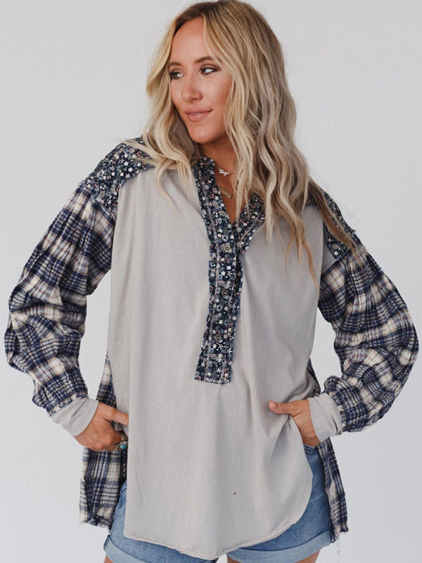 Plaid Shirts- Oversized Drop Shoulder Floral and Plaid Cotton Blend Shirt- Blue- Pekosa Women Clothing