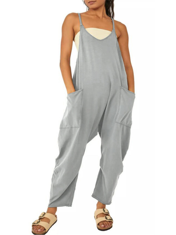 Playsuits- Solid Baggy Bib Overalls with Handy Pockets - Everyday Playsuit- Grey- Pekosa Women Clothing
