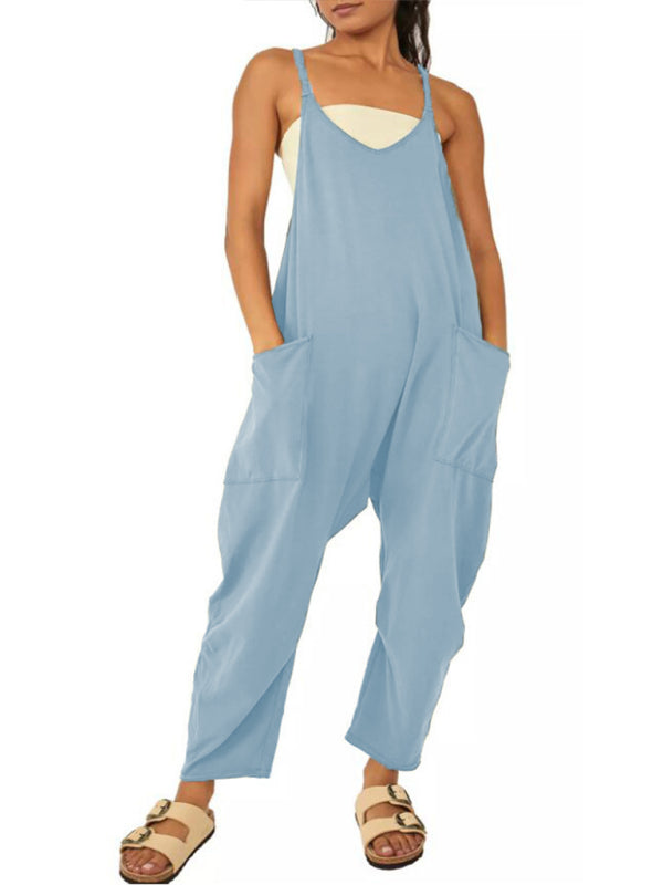 Playsuits- Solid Baggy Bib Overalls with Handy Pockets - Everyday Playsuit- - Pekosa Women Clothing