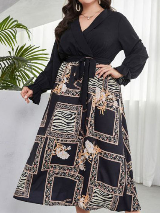 Plus Size Dresses- Color Block A-Line Belted Midi Dress with Long Sleeves for Plus Sizes- Black- Pekosa Women Fashion