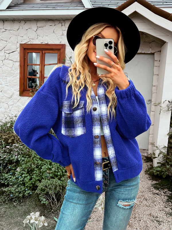 Plushy Jackets- Fleece Plaid Outerwear | Cozy Fall-Winter Jacket- - Pekosa Women Clothing