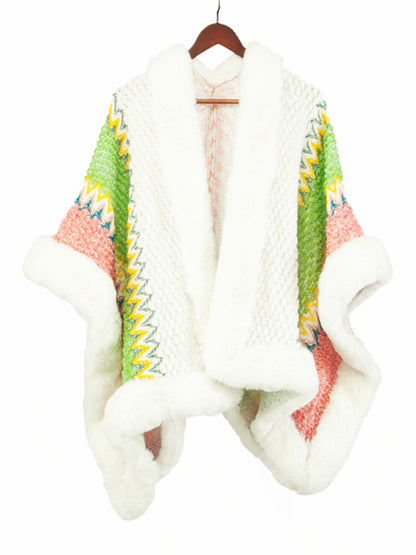 Ponchos- Thick Wool Cardigan Poncho with Faux Fur Trimming- - Pekosa Women Clothing