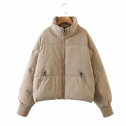 Puffer Jacket- Solid Zip-Up Puffer Jacket- Khaki- Pekosa Women Clothing