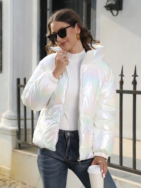 Puffers- Glossy Zip-Up Hooded Puffer Jacket Perfect for City Outings- - Pekosa Women Clothing